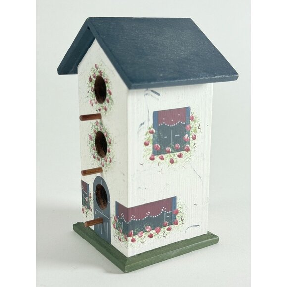 Hand Painted Wooden Birdhouses Set Floral Dk Green Roof Vintage Cottage Garden - Picture 8 of 15